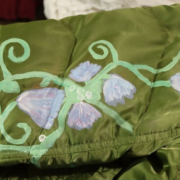 Eddie Bauer Down Green Puffer Goose Down Warm Jacket Upcycle Painted Coat XS - Picture 3 of 16